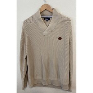 Vintage Fred Perry Mens Beige V-Neck Sweater Cotton Linen Blend Size Large - EUC